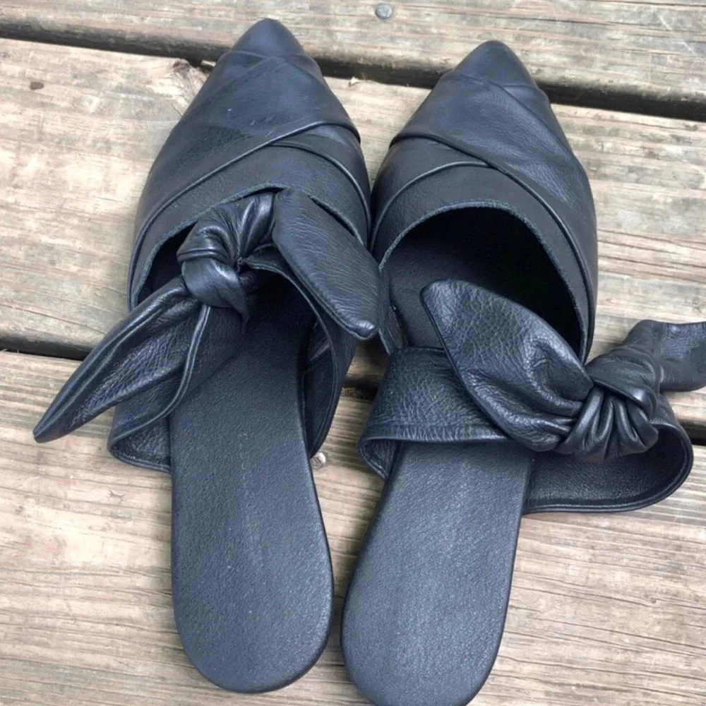 Anthropologie Black Leather Mules with Bow. Size 38. - Picture 6 of 7